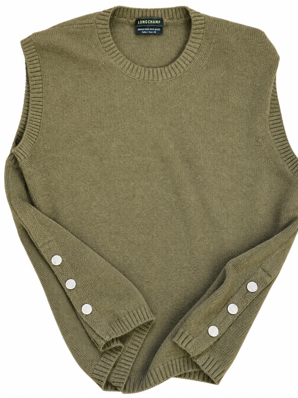 Longchamp Men's Olive Green Crewneck Sleeveless Knit with Side Button Detail